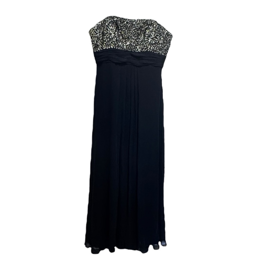 Theia Strapless Beaded Floral Navy Blue Silk Chiffon Gown Size 10